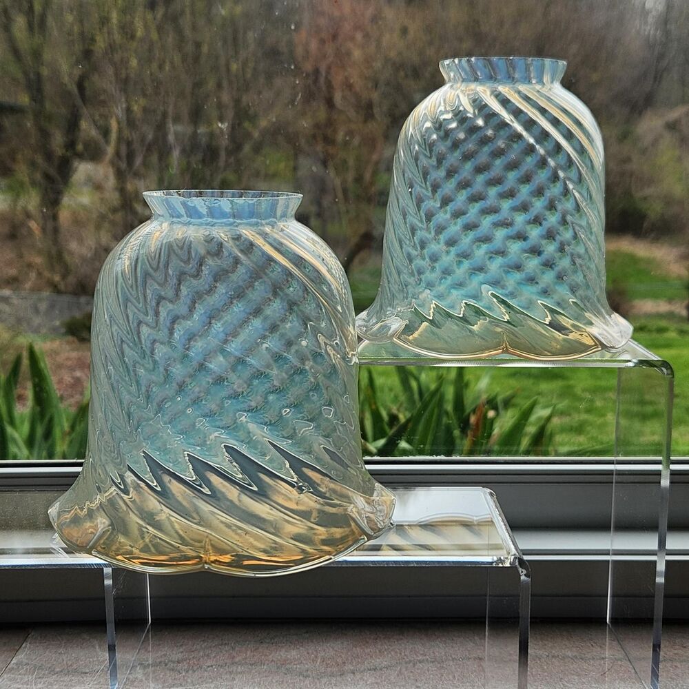 Antique Fenton Glass Fluted Lamp Shade Spiral Optic Vaseline Clear Swirl Glows